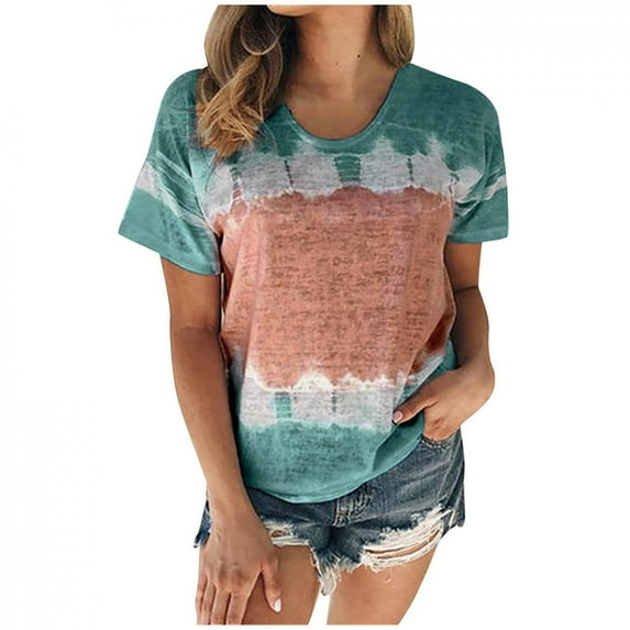 Jophufed Womens Summer Tops 2022 Plus Size Color Block Short Sleeve Shirts Round Neck Tie Dye T-Shirt Oversized Casual Blouses Beach Party