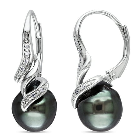 Akoya Tahitian Earrings Sterling Silver Tahitian Pearl and Diamond Accent Drop Leverback Earrings (9 - 9.5mm) - White ()