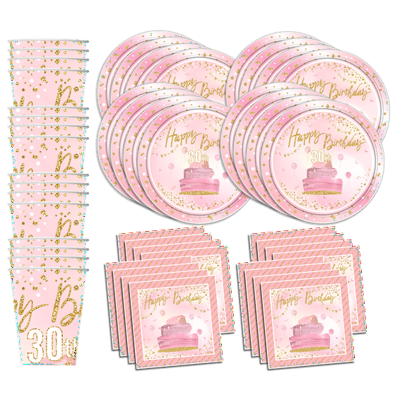 30th Pink and Gold Birthday Party Supplies Set Plates Napkins Cups Tableware Kit for 16