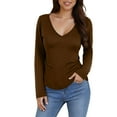 thumbnail image 3 of DDAPJ pyju Women's Long Sleeve V Neck Crop Top Ribbed Knit Slim Fitted Basic T-Shirts Coffee XXL, 3 of 8