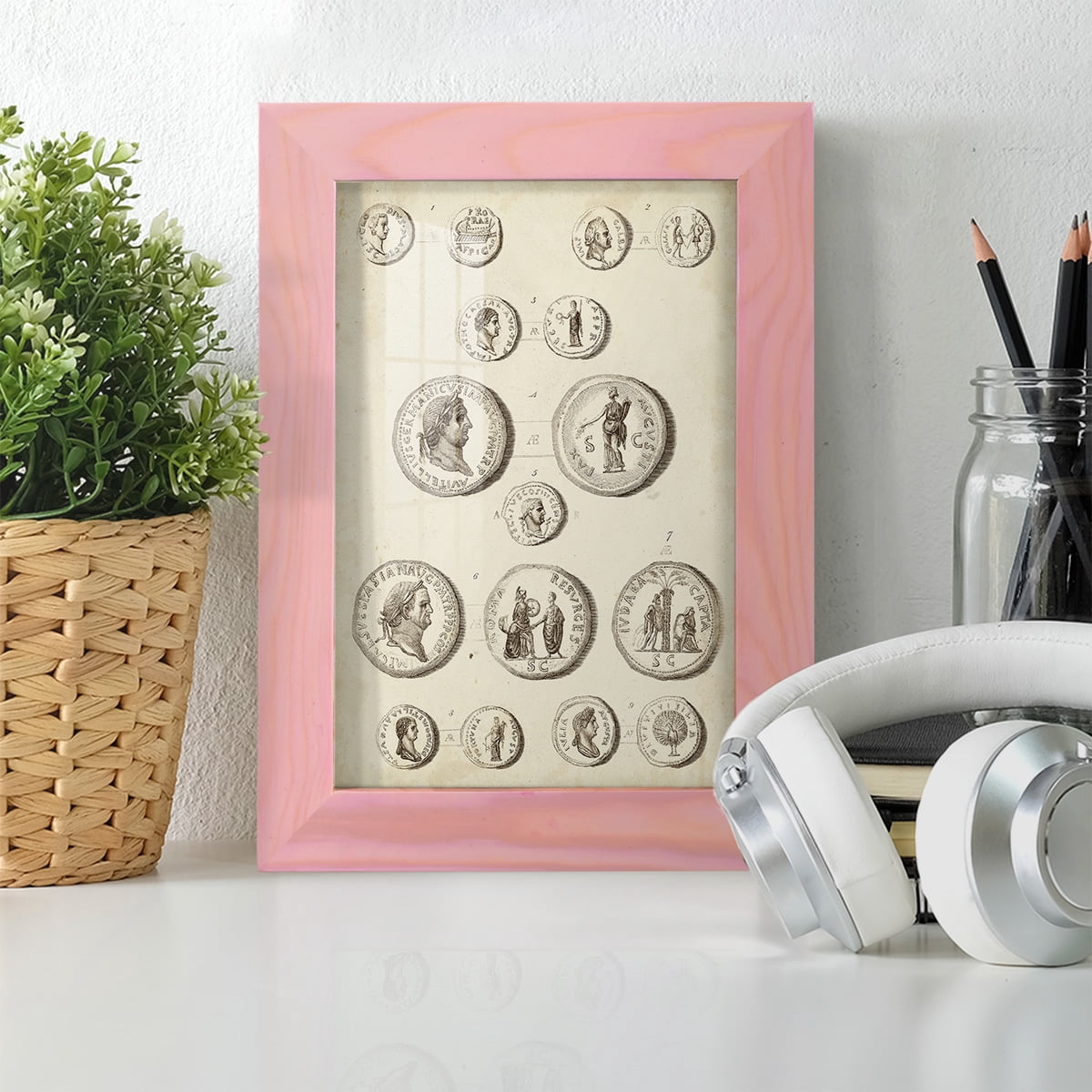 Antique Roman Coins III -Framed Print w/glass-Sunset Pink