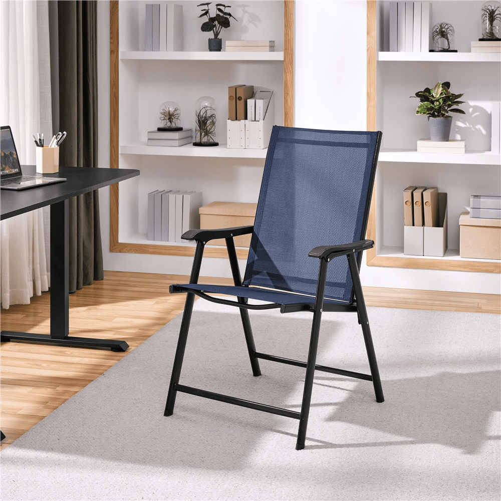 Renwick Outdoor Texteline Folding Dining Chairs with Backrest, Set of 2, Navy Blue
