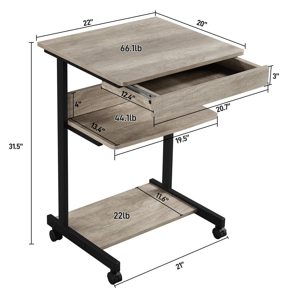 Alden Design Rolling Computer Desk with 2 Storage Shelves, Rustic Gray