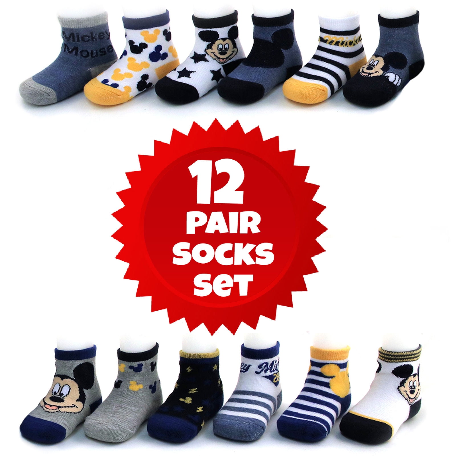 Age 0-24M Disney Baby Boys Mickey Mouse Assorted Color Design 12 Pair Socks Set