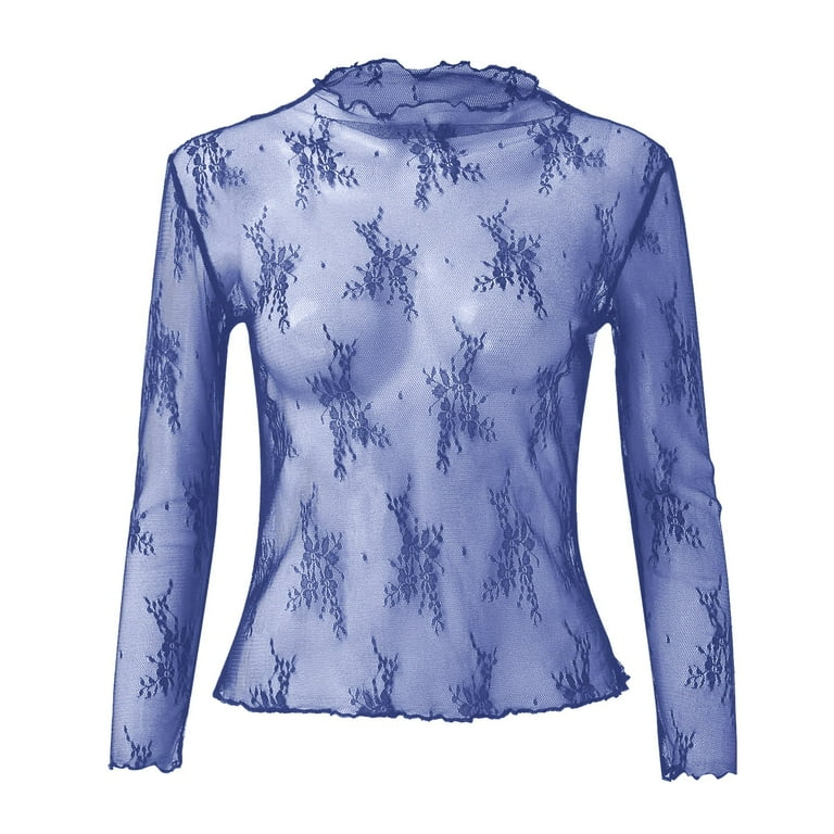 Uuszgmr Trendy Mesh Layering Floral Embroidery Long Sleeve