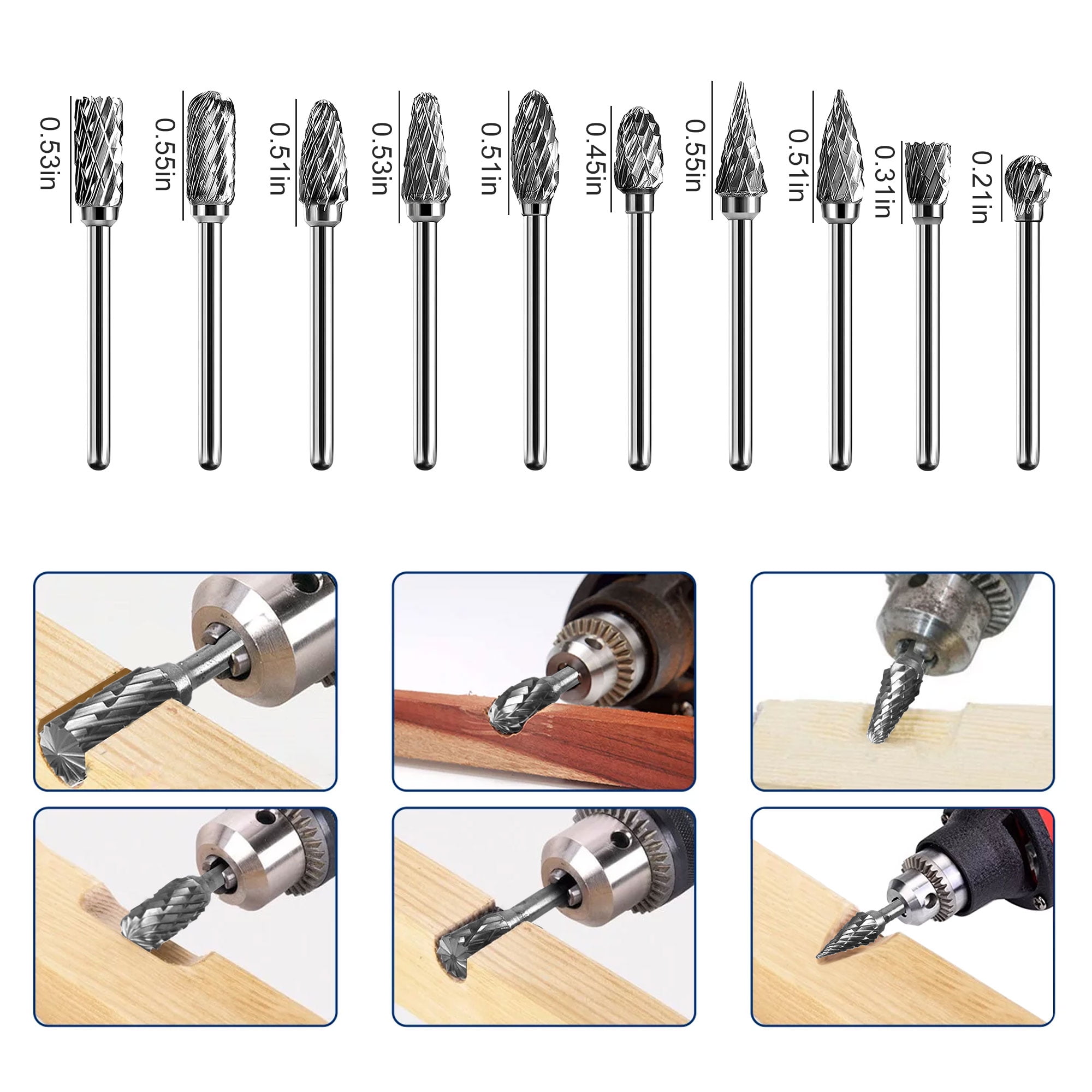 Double Cut Tungsten Carbide Carving Bits for Rotary Tool, 10 Pcs Rotary  Burr Set with 1/8 inch Shank and 1/4 inch Grinding Head for DIY,  Woodworking, Engraving, Metal Carving, Drilling, Polishing 