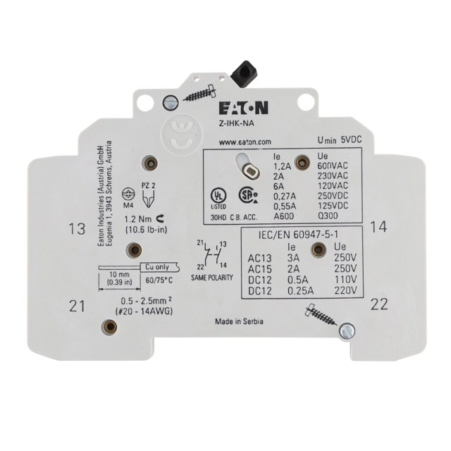 EATON ZIHKNA Auxiliary Switch Module, Din Mount, 250V, 3A, 1NO/1NC