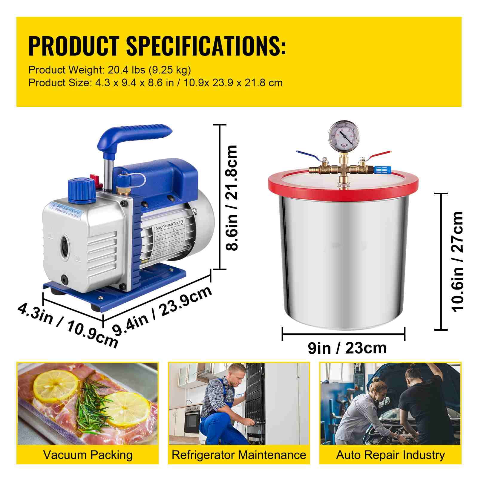 VEVOR 3 Gallon Vacuum Chamber Kit Stainless Steel Degassing Chamber 12L Vacuum Degassing Chamber Kit with 3.6 CFM 1 Stage Vacuum Pump HVAC