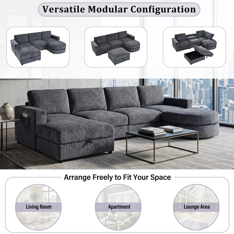 102.4" U-Shaped Modular Sectional Sofa with 2 Movable Ottomans, Chenille Fabric Couch with Storage Ottoman, Drop-Down Console with 2 Cup Holders, Solid Pine Wood Frame for Living Room