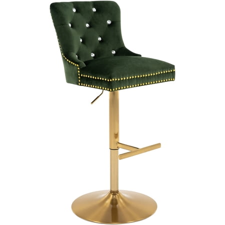 Adjustable Velvet Bar Stools with Back, Fashionable Swivel Counter Height Bar Chairs with Thick Cushion, Crystal Button Tufting and Gold Nailhead Trim for Kitchen, Dining, Pub, or Café (Olive Green)
