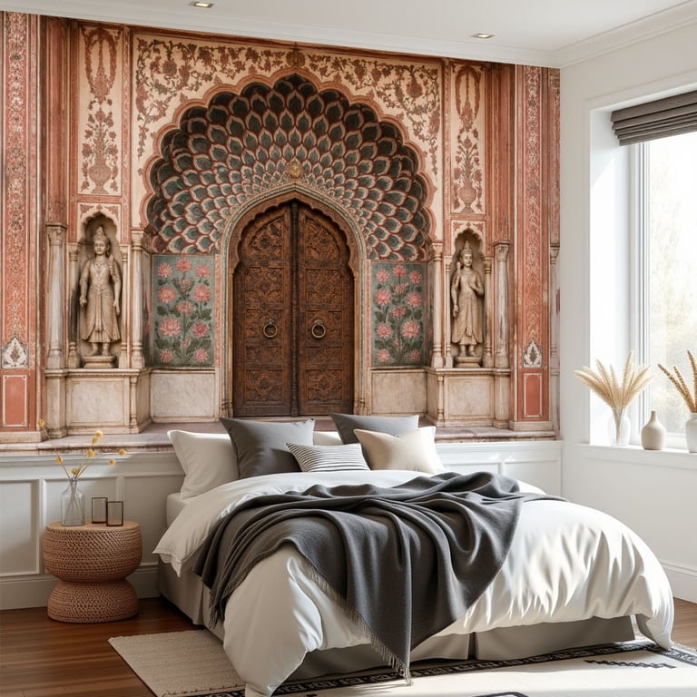 3D Wallpaper Mural – Indian Painted Door Design, Removable Waterproof Large Wall Decor (Not Self-Adhesive), Custom Sizes Available
