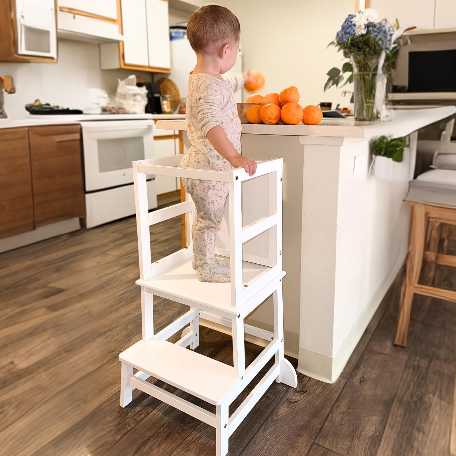 G TALECO GEAR Toddler Kitchen Stool Helper, Step Stool for Kids with Chalkboard Safety Rail for Toddlers 18 Months and Older (White)