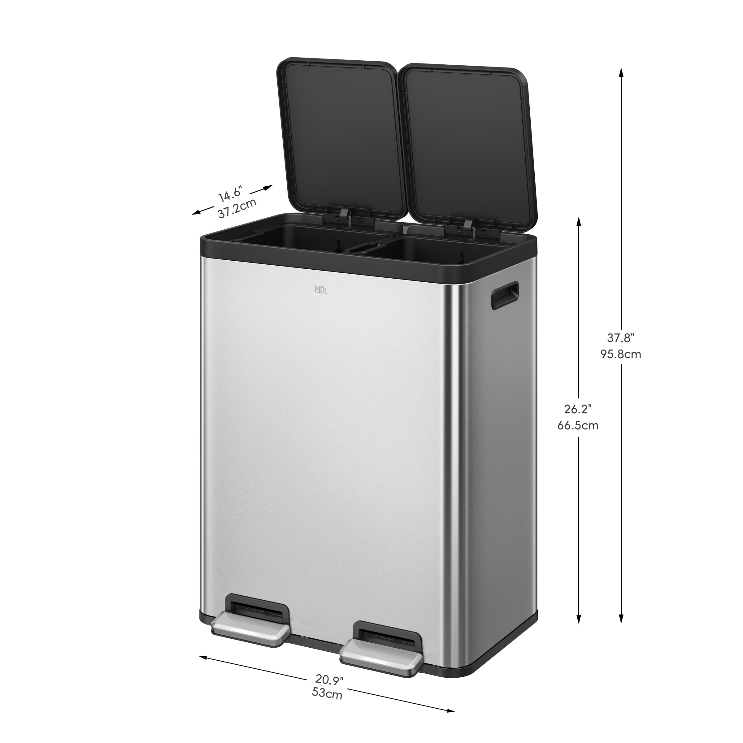 EKO Essential Kitchen Recycling Trash Can, 16 Gallon, Stainless Steel, Silver with Sample Trash Bags Included