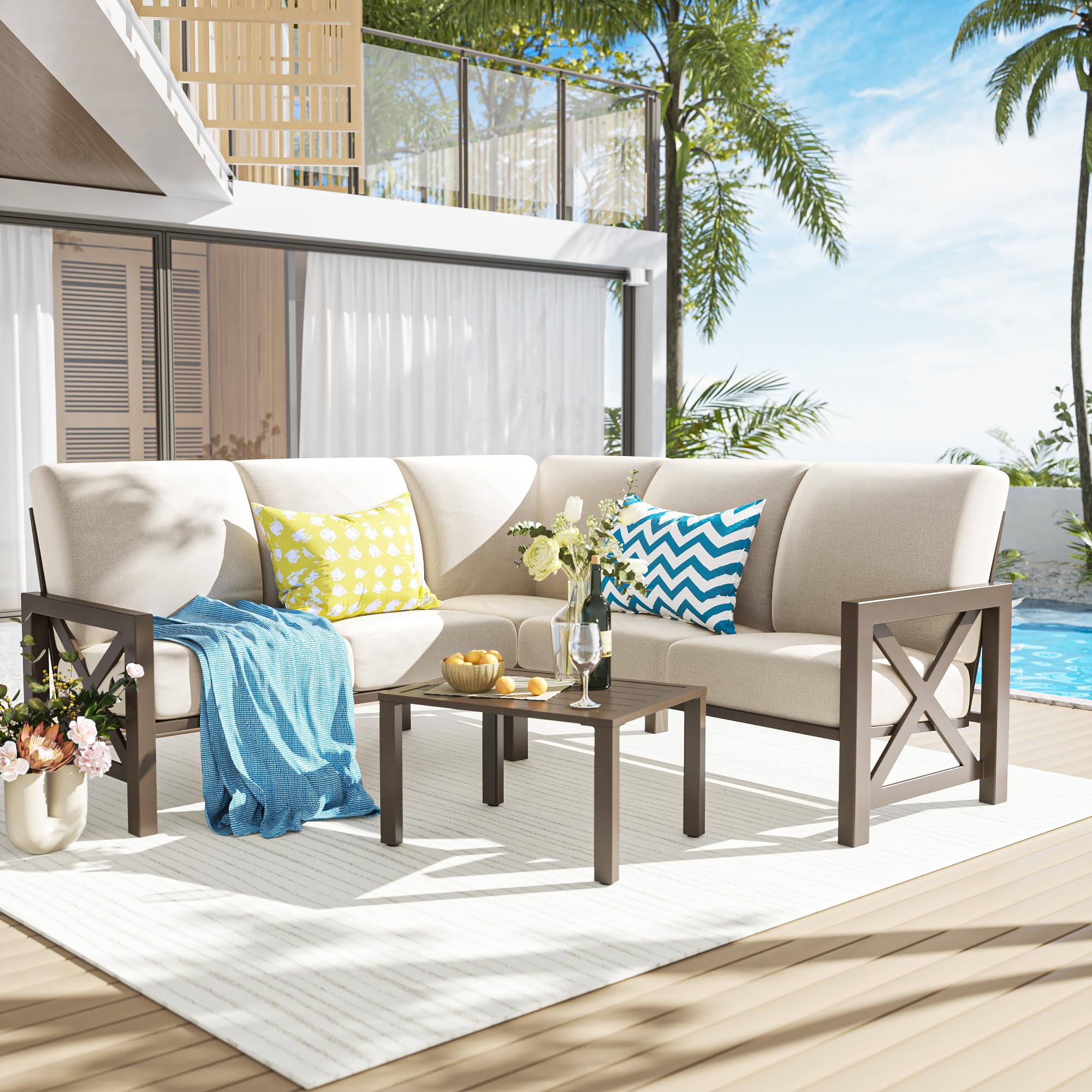 NATURAL EXPRESSIONS 6 Pieces Patio Furniture Sets, Metal Outdoor Sectional Furniture L Shape Patio Conversation Sets,Highback Frame,Metal Table,Large Waterproof Cover, 6.5" Olefin Cushions