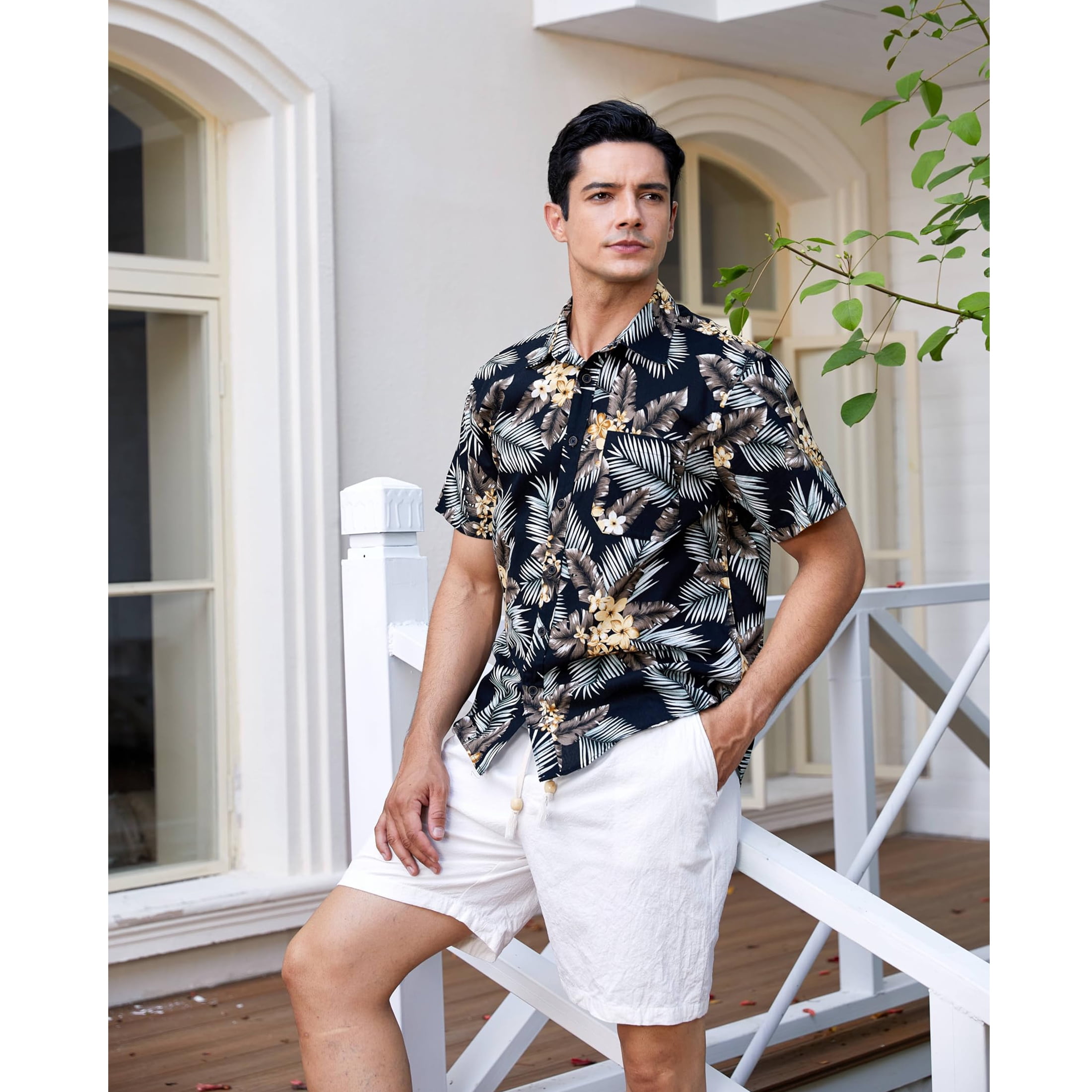 Hawaiian Shirt for Men, Short Sleeve Shirts Button Down Aloha Shirt Beach Floral Shirts Black Palm XL