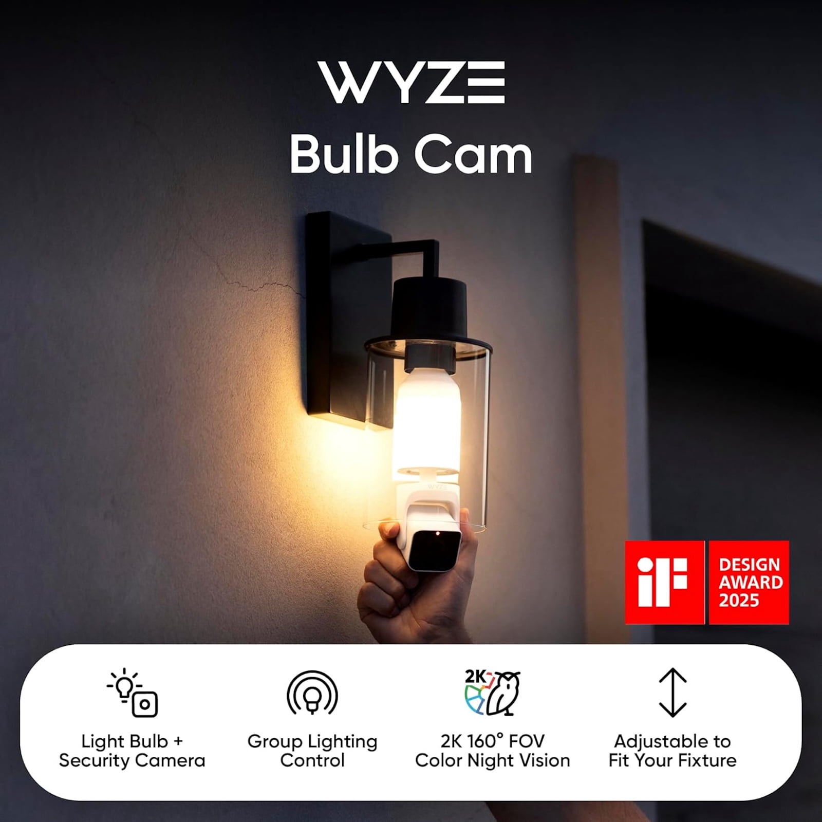 WYZE Bulb Cam Security Camera, 2K HD Outdoor Light Bulb Camera, Color Night Vision, Dimmable LED Bulb, Motion Detection, Siren Alarm, Works with Voice Assistants