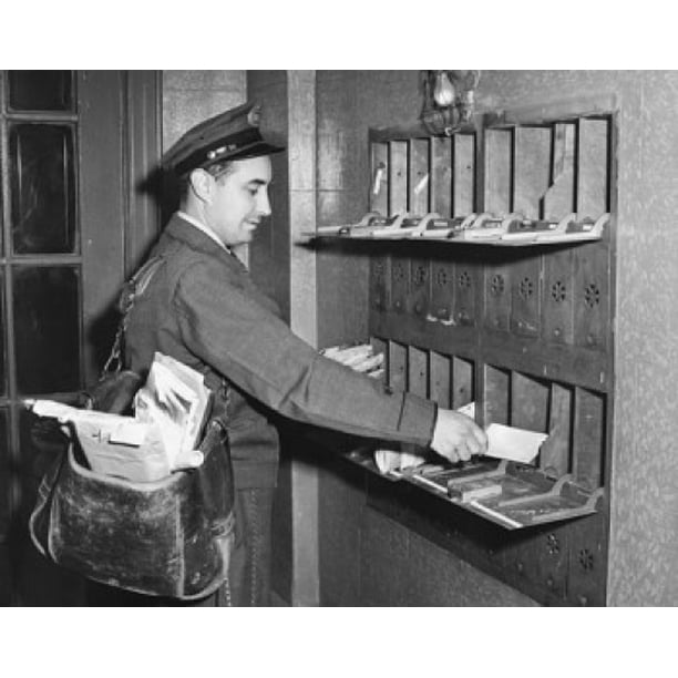 Mailman putting mail in mailboxes Poster Print (24 x 36)