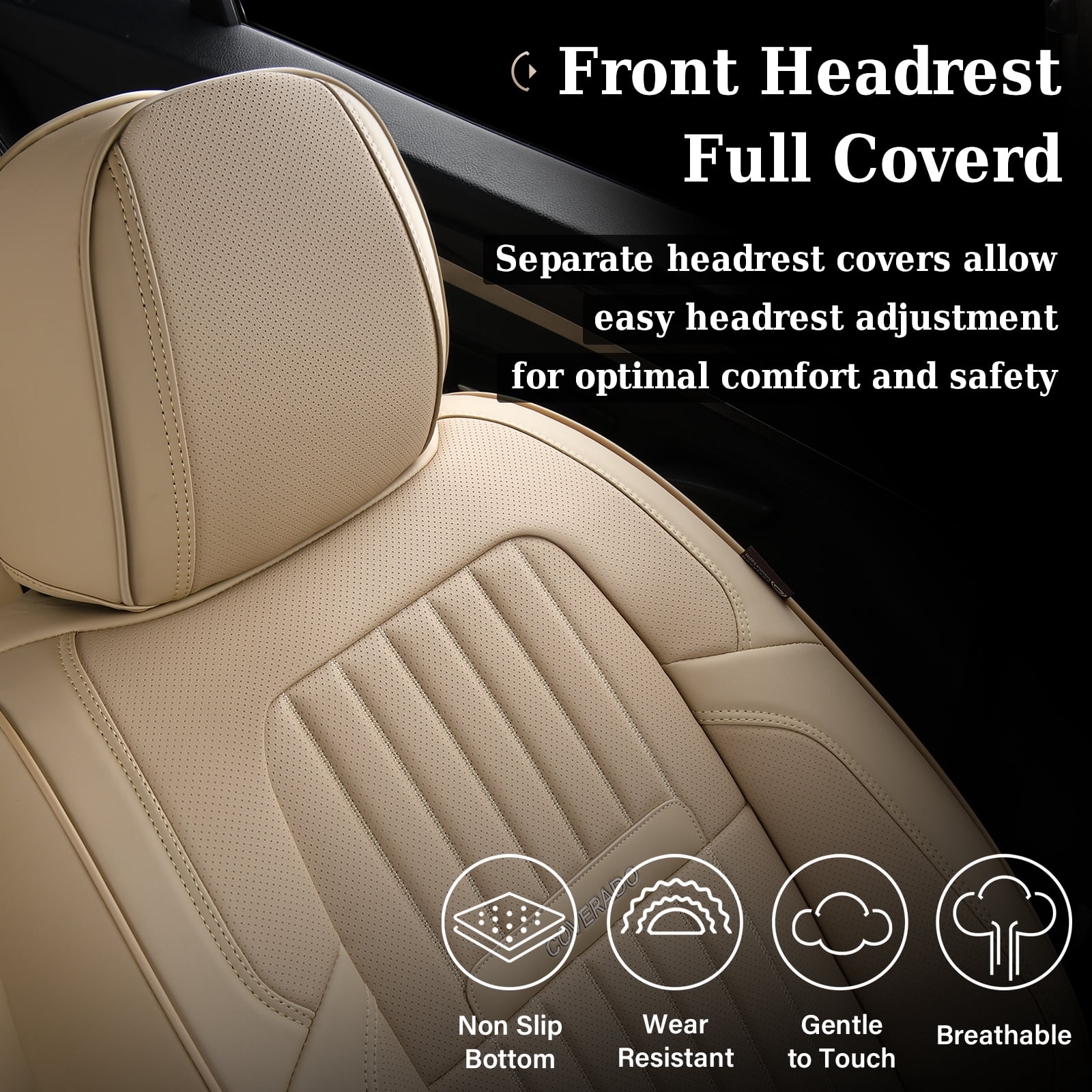 Coverado Car Seat Covers Full Set, Beige Front and Rear Seat Protectors, Waterproof Faux Leather Universal Fit for Most Cars