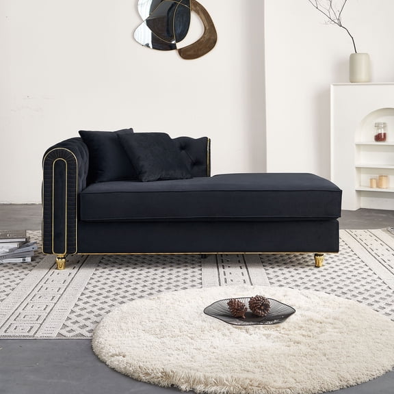 66.9"W Modern Velvet Chaise Lounge with Tufted Back and 2 Toss Pillows, Luxury Upholstered Chaise Sofa for Living Room, Bedroom, or Apartment, Comfortable and Stylish Seating (Black)