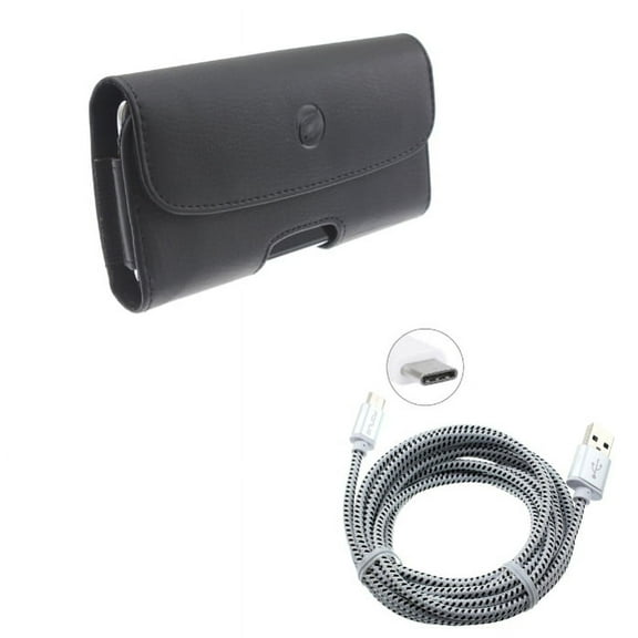 Black Leather Phone Case Side Cover Pouch w 6ft Long White Braided Type-C Cable Rapid Charge USB Wire Sync Y1V for Alcatel 7 - Coolpad Legacy - Nokia 3.1 Plus - OnePlus 7 Pro