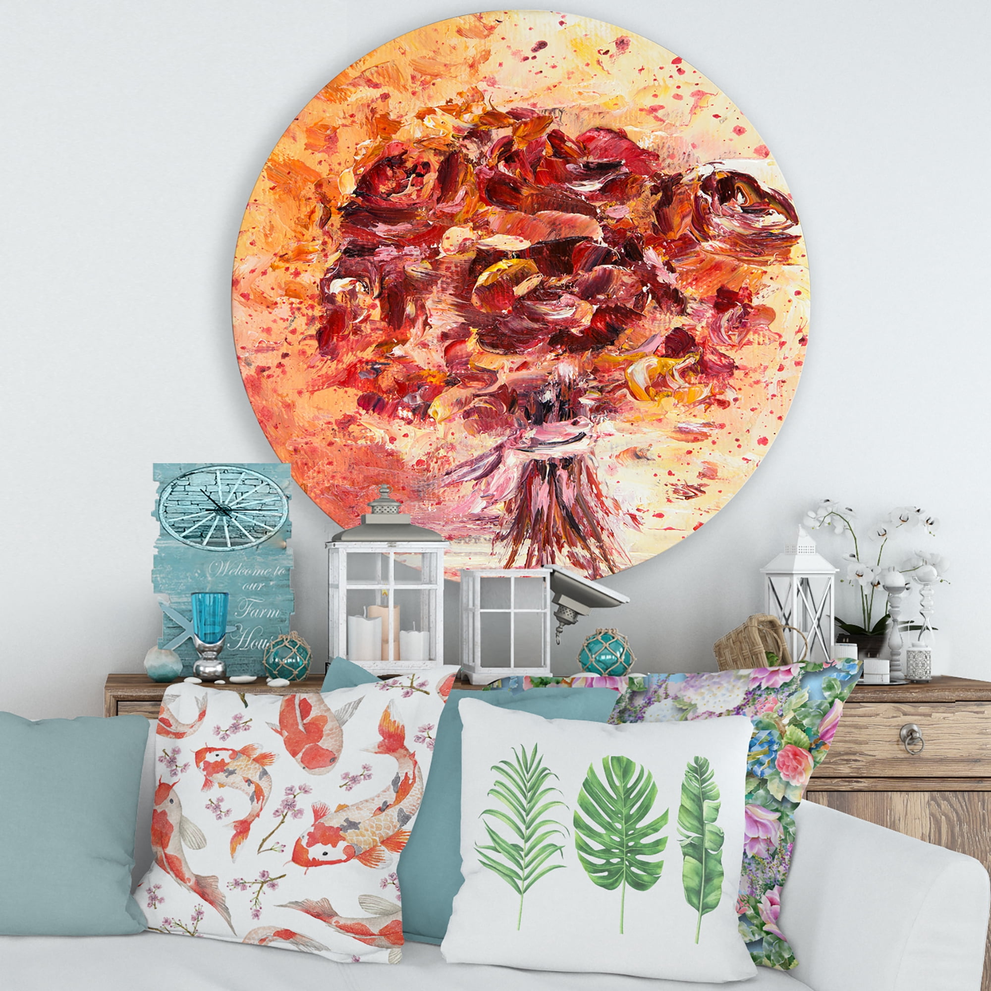 Designart 'Ancient Red Fresh Flowers Bouquet' Traditional Circle Metal Wall Art 36x36 - Disc of 36