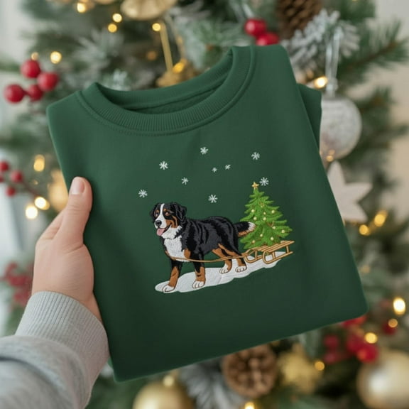 Bernese Mountain Embroidered Christmas Shirt, Bernese Mountain Dog Harvesting a Christmas Tree, Berner Mom Shirt, Christmas Dog Shirt