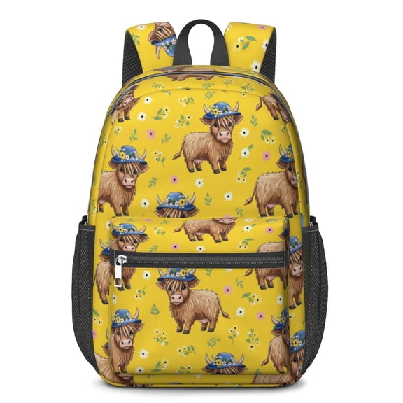 Highland Cow and Hat Print 17" Waterproof Oxford School Backpacks for Teens, S-Shape Padded Straps, for School, Travel, Hiking, Camping