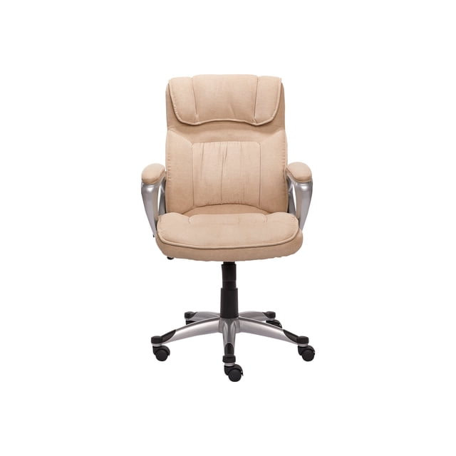 Serta Executive Office Chair Ergonomic Computer Upholstered Layered Body Pillows, Contoured Lumbar Zone, Black Base, Fabric, Beige/Silver