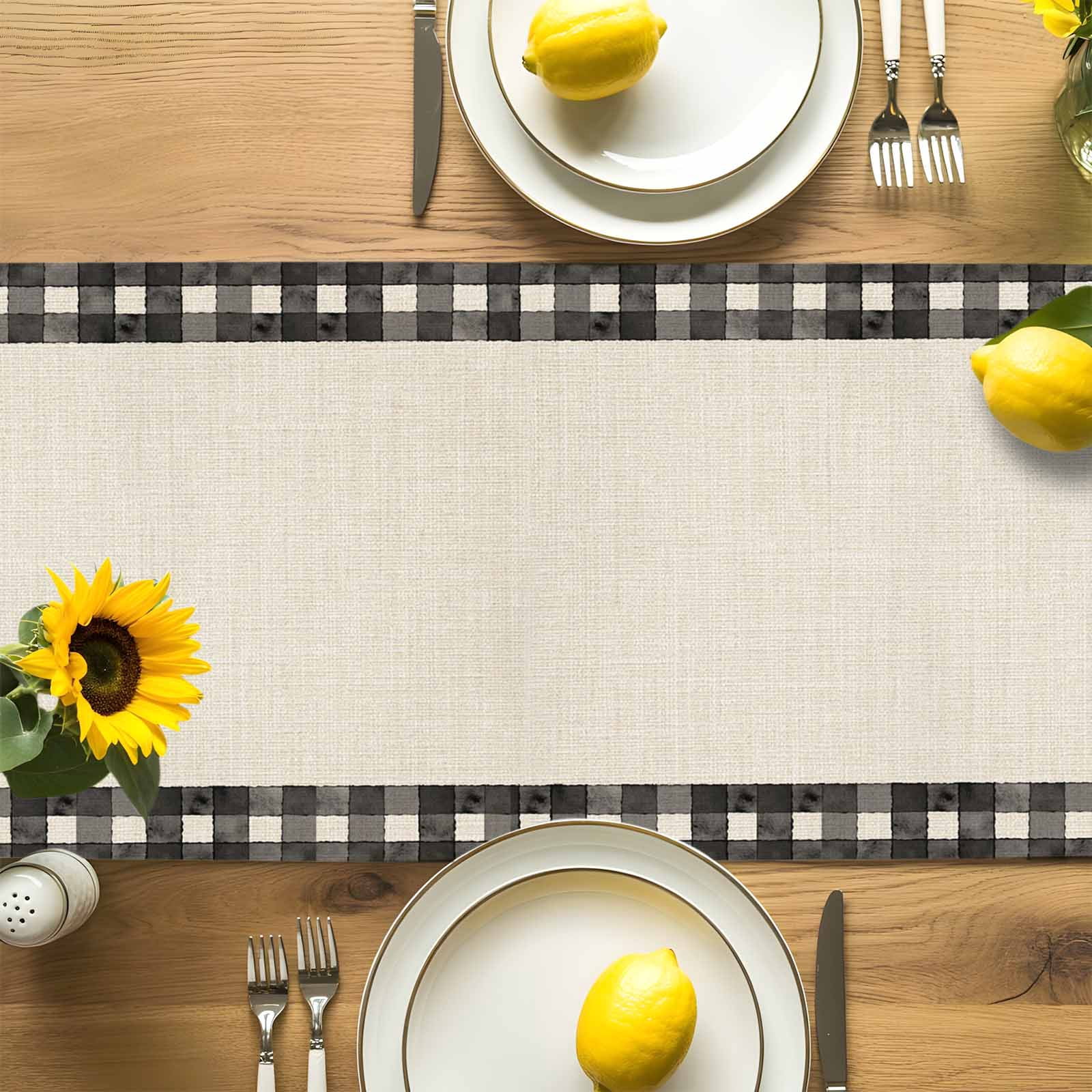 Retro Books Pencils Potted Plants Table Runner 90 Inches Long, Black Plaid on Linen Table Runners Tabletop Scarf Kitchen Dining Tables Decoration for Home Party Indoor Outdoor