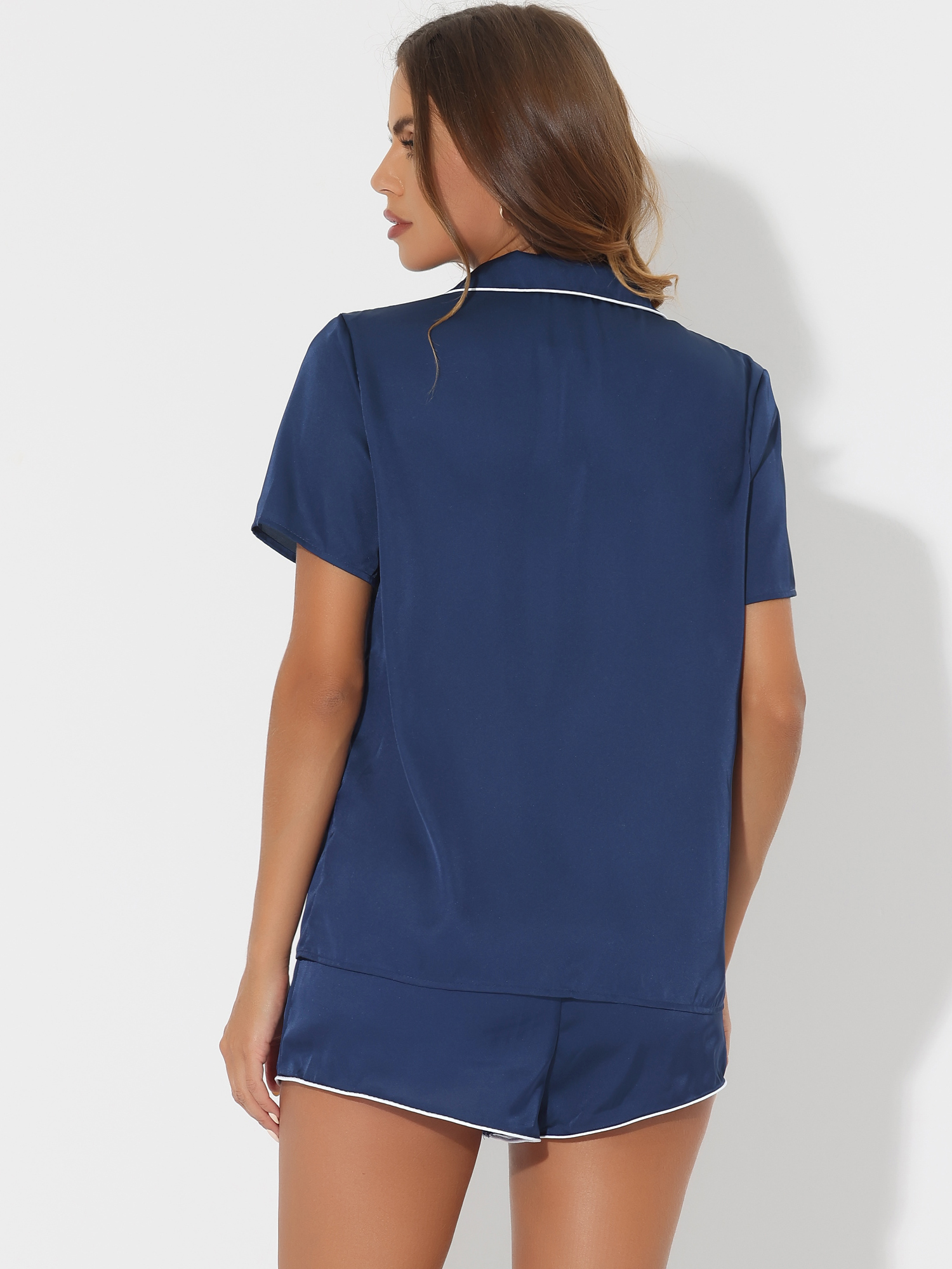 DARING DIVA Women's Satin Front Single Pocket Pajamas Sets L Navy Blue