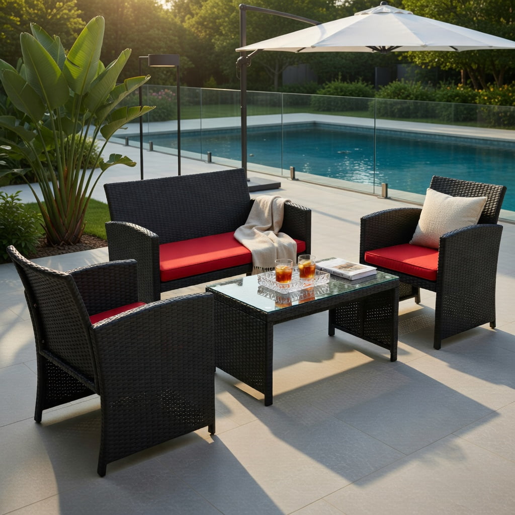 Hommoo 4-Piece PE Rattan Patio Furniture Set with Weatherproof Cushions, Tempered Glass Coffee Table, Loveseat & 2 Single Sofas for Backyard, Balcony, Poolside, Red