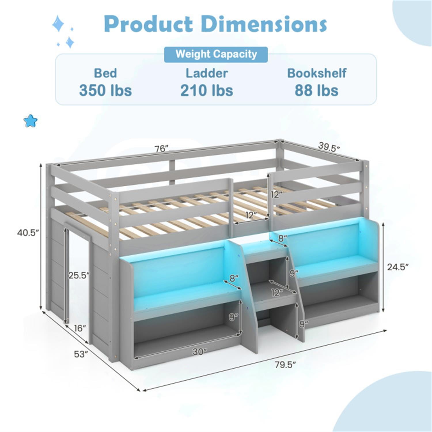 Demi Bonn Twin Size Loft Bed with LED Lights, Wooden Twin Low Loft Bunk Bed with Staircase and Safety Guardrail for Teens, Gray