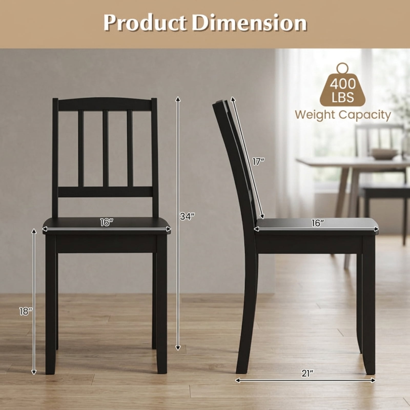 Furnibear Wood Dining Chair Set of 2 with Rubber Wood Legs for Kitchen Dining Room Living Room Home, Black