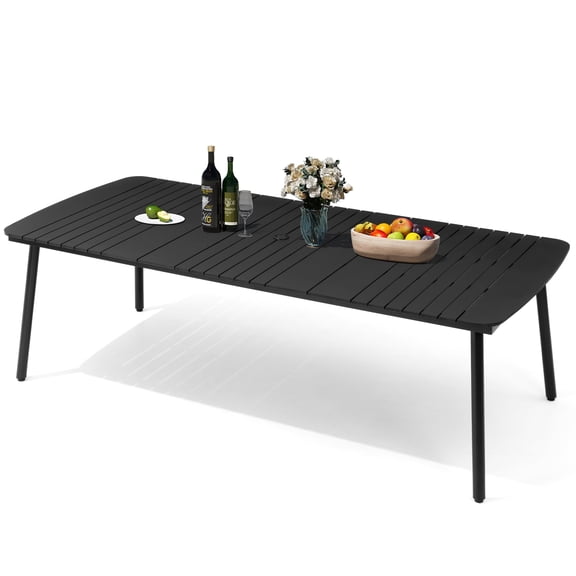 Crestlive Products 93" Outdoor Dining Table for 10 Black Patio Table with Umbrella Hole Rectangle Table with Aluminum Frame and Wood-Like Tabletop for Lawn Backyard Garden Poolside