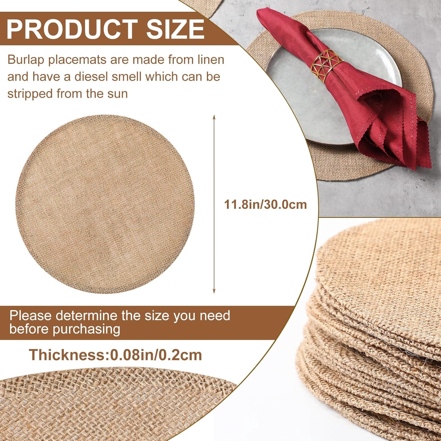 Set of 48 Burlap Round Placemats Bulk Burlap Circle Rustic Table Decorations Jute Farmhouse Placemats Heat Resistant Round Table Mats Charger Place Mats for Christmas(11.8 in,Brown)