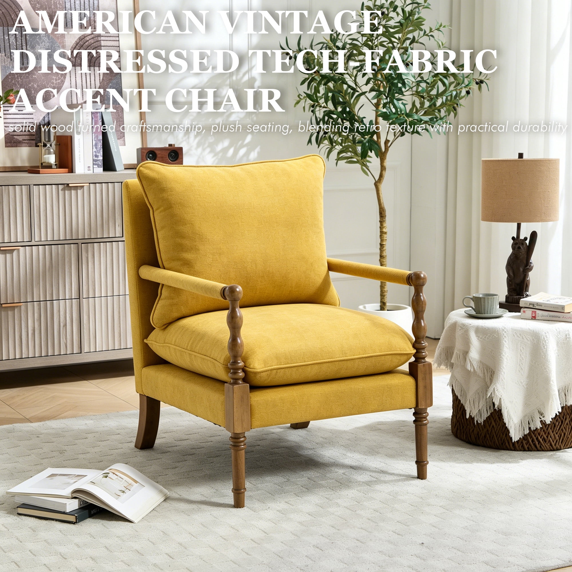 MOONMISS Vintage Spindle Accent Chair,Similar to Harper Style,Mid Century Chenille Upholstered Armchair,Yellow