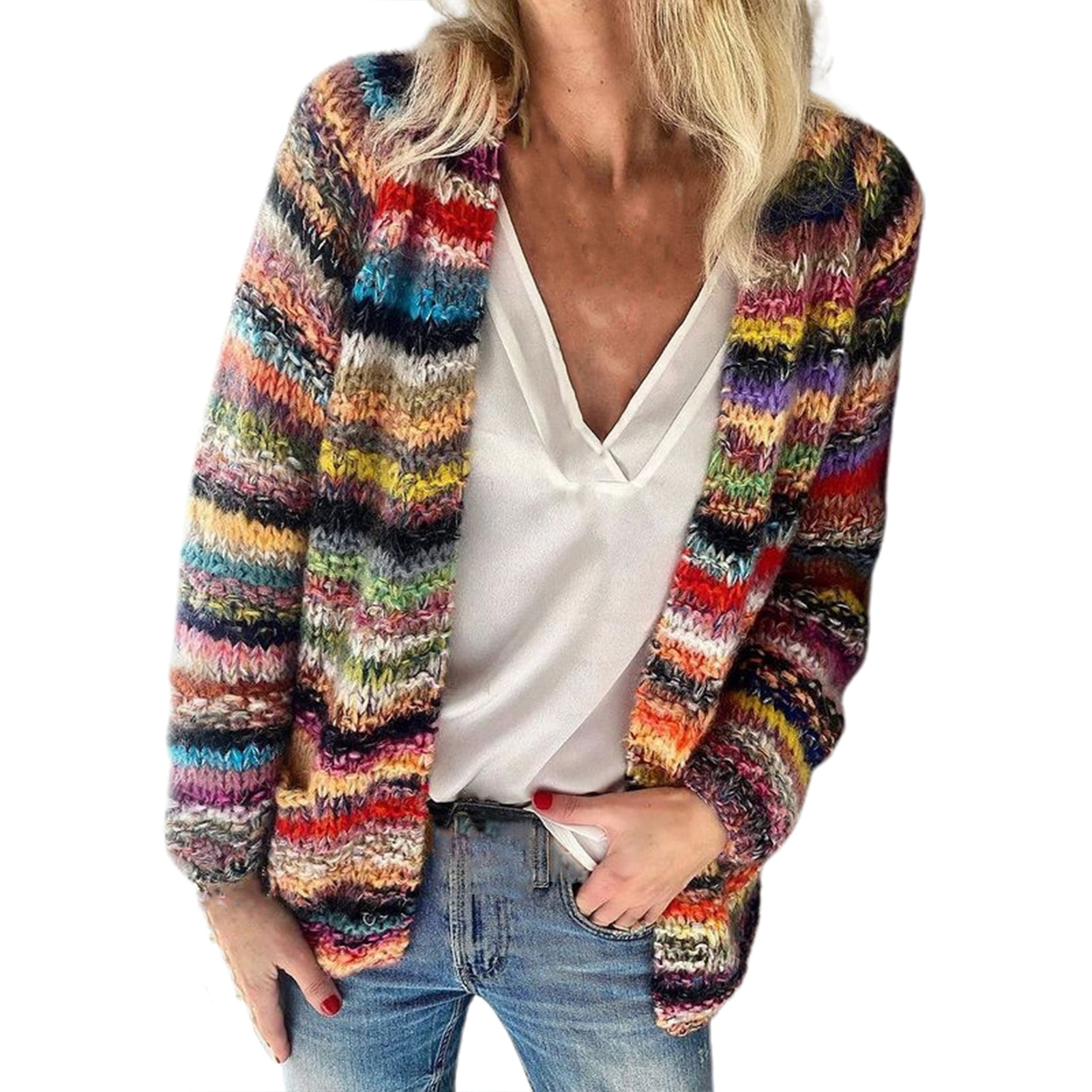 Hot Womens V-necked Sweater Looose Knitted Cardigan Rainbow Striped Autumn Coats