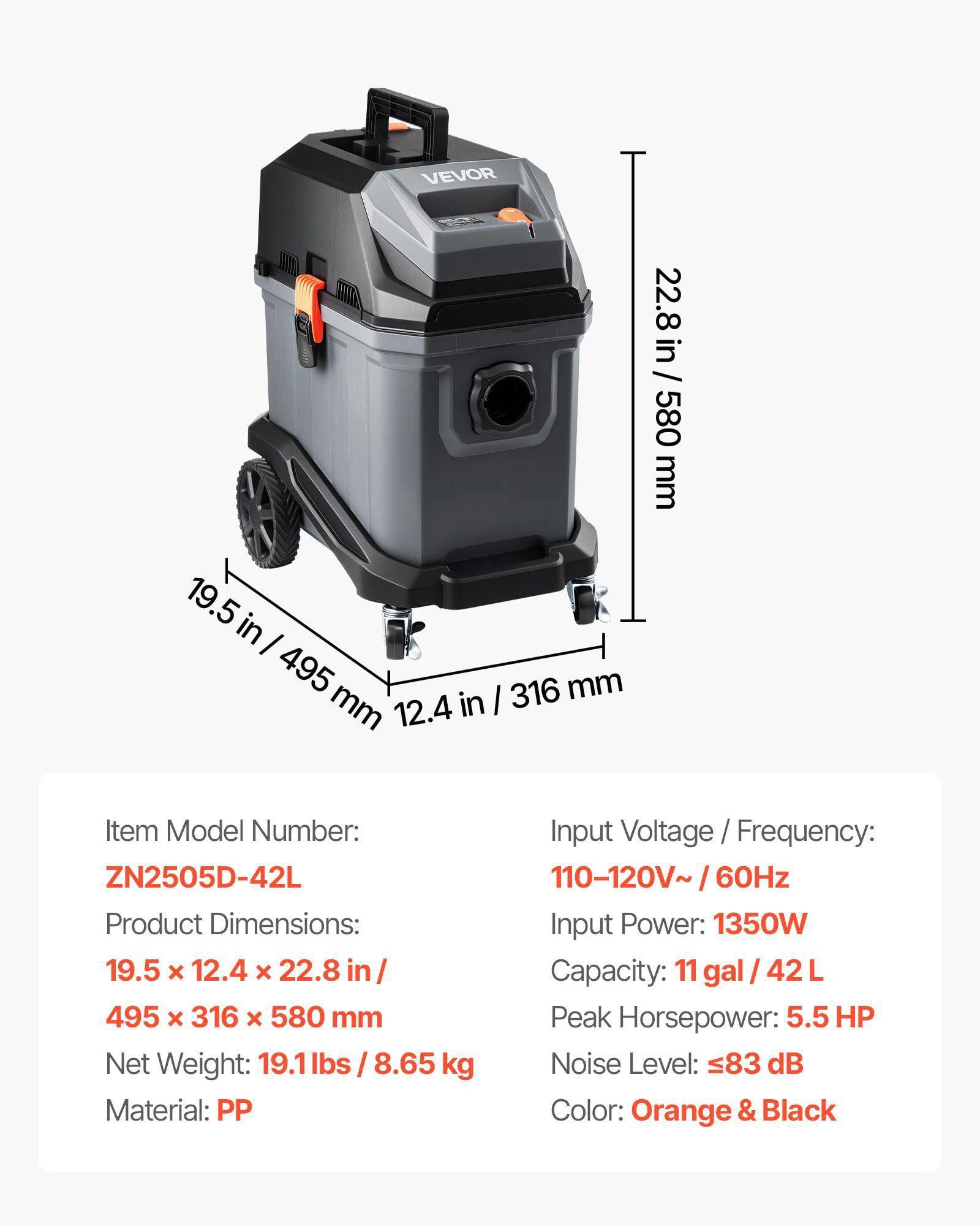 11 Gallon Wet Dry Shop Vacuum 5.5 Peak HP 1350W Portable Commercial Industrial Vac with Self Cleaning Hose and Long Cord for Jobsite Workshop