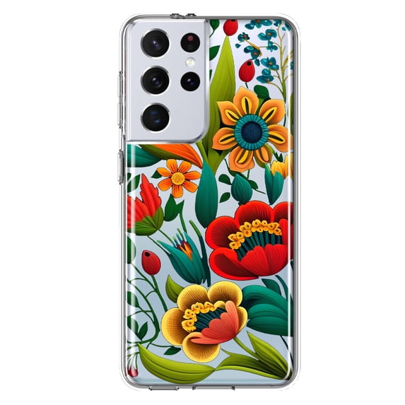 MUNDAZE Samsung Galaxy S21 Ultra Shockproof Clear Hybrid Protective Phone Case Colorful Red Orange Folk Style Floral Spring Flowers Cover