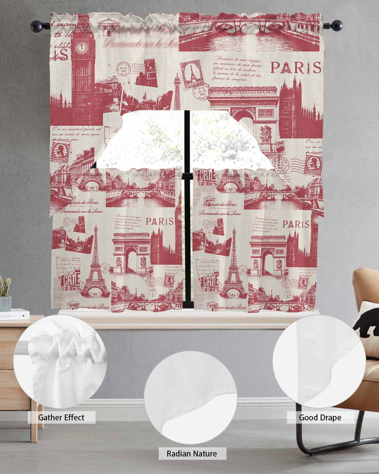Vintage Art Swag Valance for Window, 3 Piece Red International Buildings Paris Towers Linen Light Filtering Swag Curtain Rod Pocket Kitchen Curtain Valance for Bedroom 3 Piece