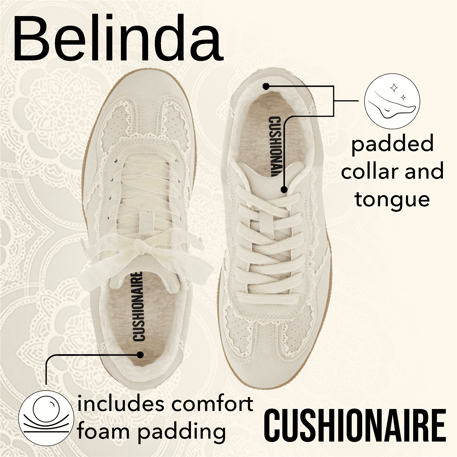 Cushionaire Women s Belinda Lace Detail Casual Sneakers Elegant Ribbon Lace Up Shoes with Memory Foam Wide Widths Available