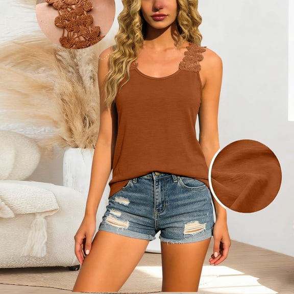 Nestiefly Bohemian Linen Tank Top for Women Loose Fit Crew Neck Sleeveless Shirts Strap Lace Camisole Summer Tops Curved Hem Brown L