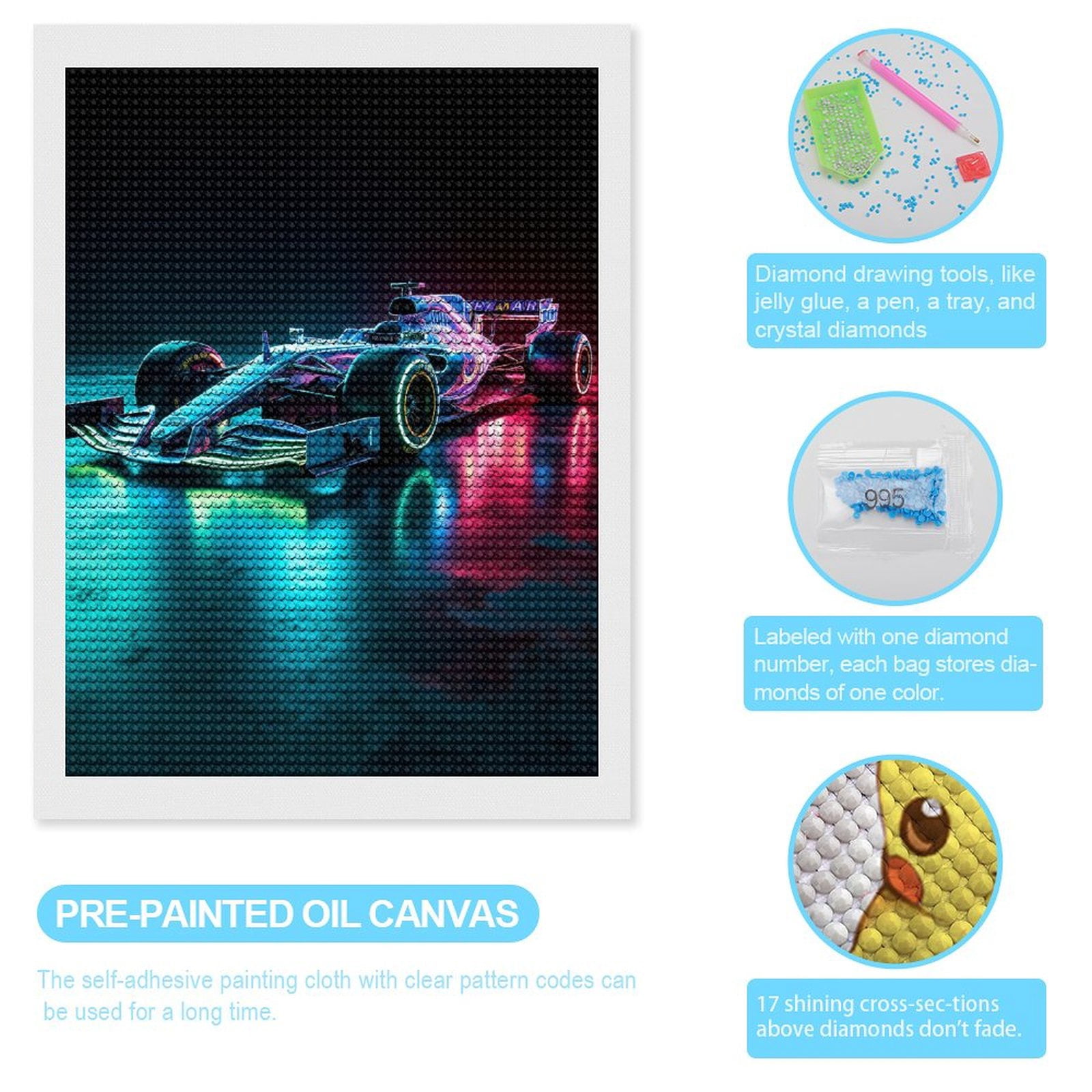 Diamond Art Kits for Adults, Neon Race Car Reflection 5D Diamond Painting Kits for Adults Beginners, DIY Full Drill Diamond Painting, Gem Art and Crafts 12x16