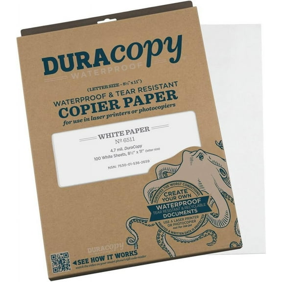 Rite In The Rain Waterproof DURARITE Copier Paper, 8 1/2" x 11", White, 100 Sheet Pack 6511