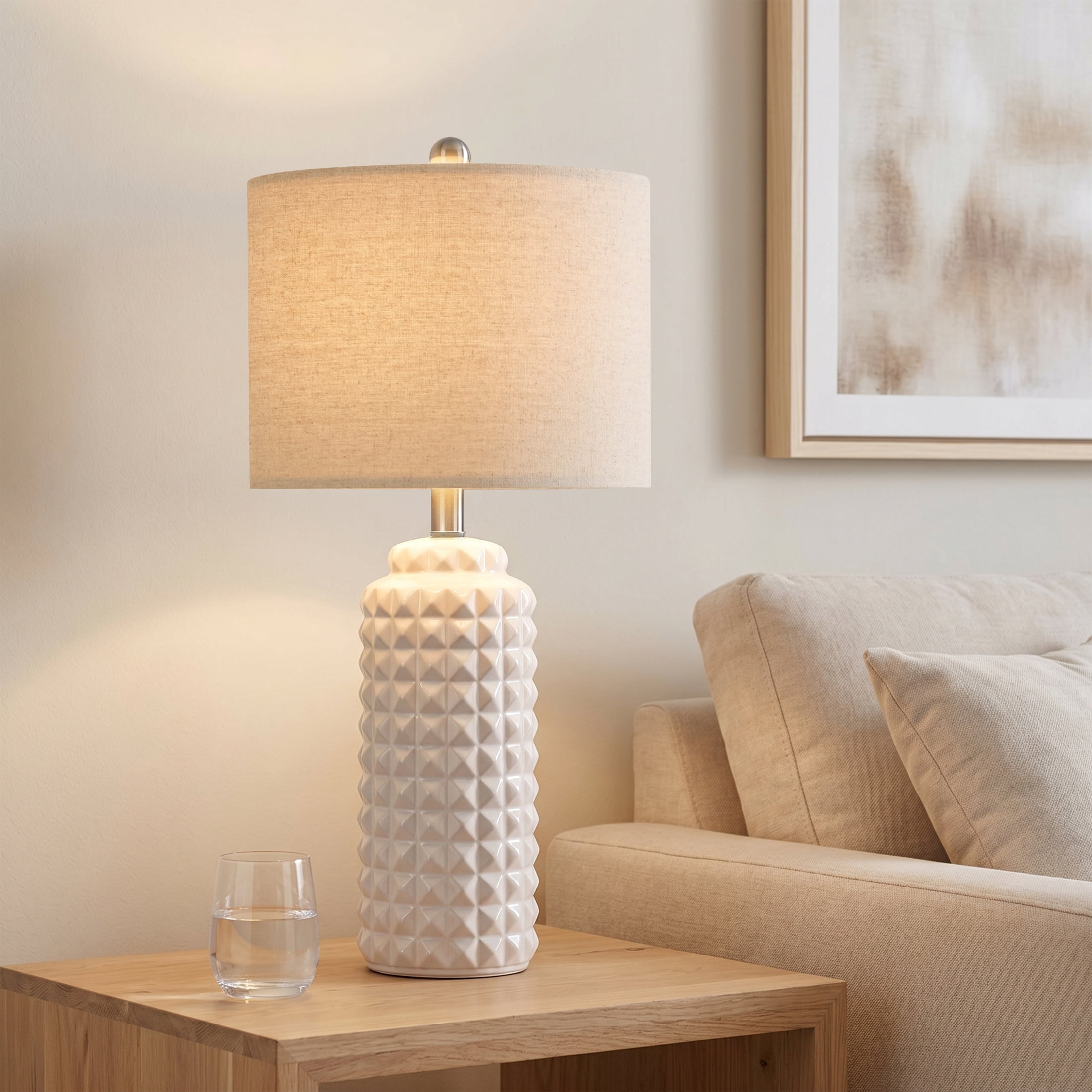 Oneach Modern Ceramic Table Lamp Set of 2 for Living Room Bedroom 24.5" Contemporary White Nightstands Bedside Lamps