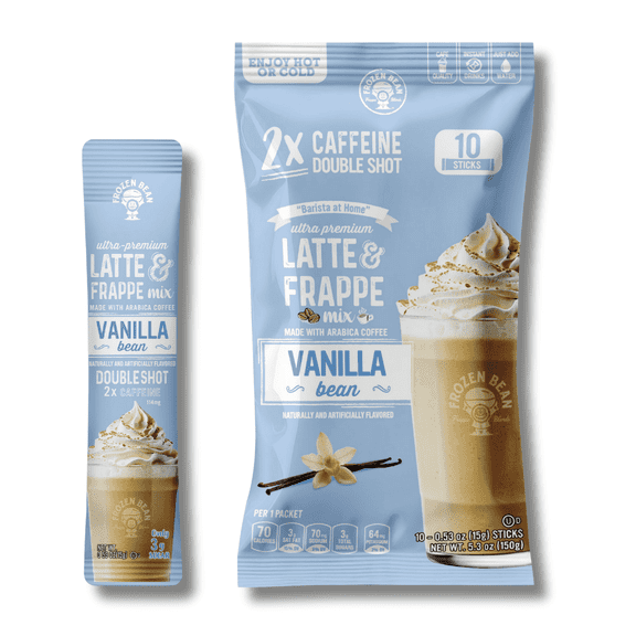 Latte & Frappe Instant Coffee Mix (10-Pack) Vanilla Bean - Made with Arabica Coffee, x2 Double Shot Caffeine, Low Sugar, Hot, Iced or Blended Drinks