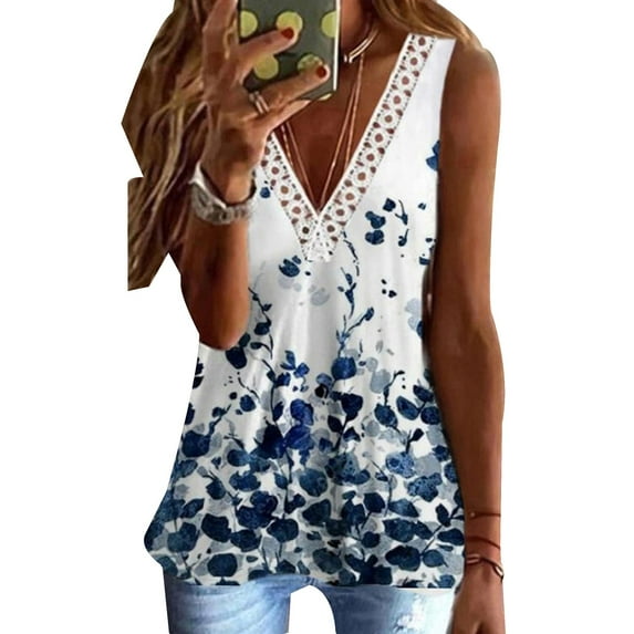 FASHIONWT Women Lace V-Neck Vest Print Sleeveless Casual Tank Top