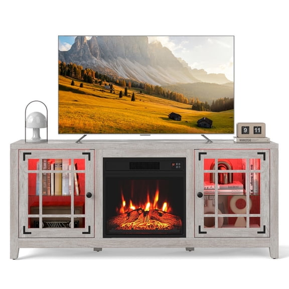 Furnibear 58 Inch Fireplace TV Stand with LED Lights, Electric Fireplace TV Console for TVs up to 65 Inch with 18 Inch Fireplace, Natural