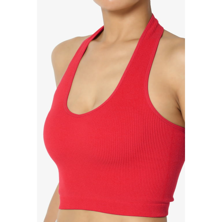 TheMogan Women's Solid Halter Ribbed Seamless Stretch Crop Cami Tank Top 