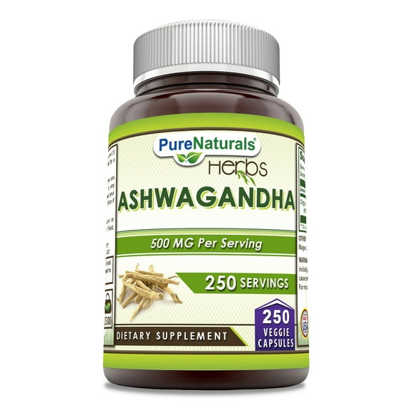 Pure Naturals Ashwagandha 500 Mg Per Serving 250 Veggie Capsules Supplement | Non-GMO | Gluten Free | Made in USA | Suitable for Vegetarians